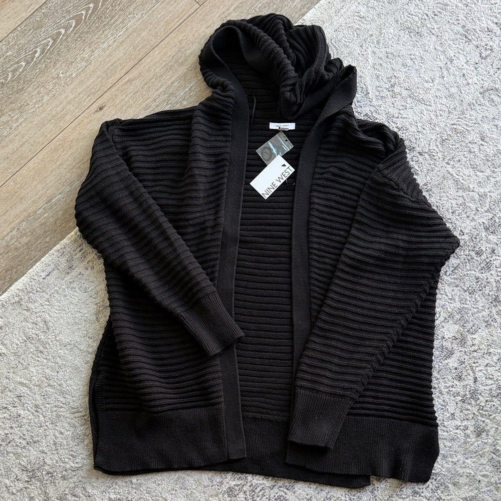 Nine West Black Ribbed Hooded Open Cardigan